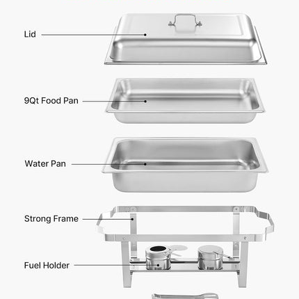 VEVOR Rectangle Chafing Dish, 9 Qt 6 Pack Stainless Steel Chafing Dish, Food Warmer Chafer Complete Set with Hollow Handle, 3 Food Tongs, Lid, Fuel Holder, Chafer Dishes for Banquet Party Wedding