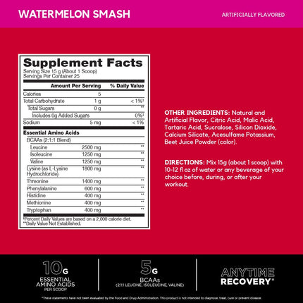 BSN Amino X Essential Amino Acid Powder, Zero Sugar, Watermelon Splash Flavour, 375g