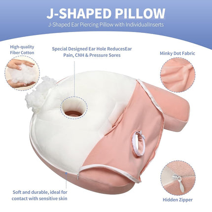 Nockovi 4" Hole Piercing Pillow for Side Sleepers (Pillow with Pink Velvet Pillowcase, J-Shape)
