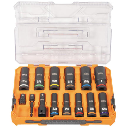 Klein Tools 65111IMPCT KNECT Deep-Well Impact Socket Set, 1/2-Inch Drive, SAE, Color Coded, MODbox Case, Impact Adapter and Extension, 14-Piece