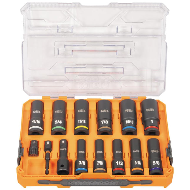 Klein Tools 65111IMPCT KNECT Deep-Well Impact Socket Set, 1/2-Inch Drive, SAE, Color Coded, MODbox Case, Impact Adapter and Extension, 14-Piece