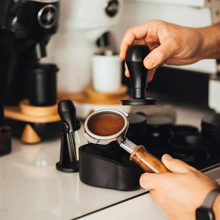 Normcore 58.5mm Espresso Coffee Tamper V4 - Titanium PVD Coating Ripple Base - Spring Loaded Tamper - 15lb / 25lb / 30lbs Replacement Springs - Anodized Aluminum Handle and Stand Black