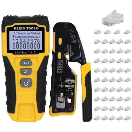 Klein Tools 80072 RJ45 Cable Tester Kit with LAN Scout Jr. 2, Coax Crimper/Stripper/Cutter Tool and 50-Pack Pass-Thru Modular Data Plugs
