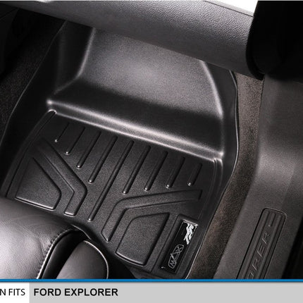 SMARTLINER Tapis de sol de voiture, tapis de sol sur mesure, ensemble de 2 rangées, noir, pour Ford Explorer 2011-2014 avec console centrale de 2e rangée
