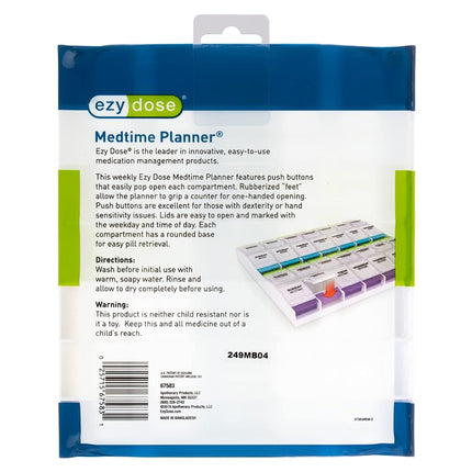 Pilulier hebdomadaire EZY DOSE (7 jours), boîte à vitamines et médicaments, compartiments à bouton-poussoir très grands (2X), 4 fois par jour, couvercles transparents