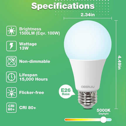Bombillas LED DEGNJU, equivalentes a 100 vatios, bombillas LED A19, luz diurna de 5000 K, base estándar E26, 1500 lúmenes, no regulables, bombillas LED de luz blanca brillante de 13 W para dormitorio, hogar, oficina, paquete de 12