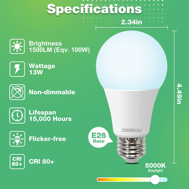 DEGNJU LED Light Bulbs, 100 Watt Equivalent LED Bulbs A19, 5000K Daylight Light Bulbs, E26 Standard Base, 1500 Lumens, Non-Dimmable, 13W Bright White LED Bulbs for Bedroom Home Office, 12 Pack