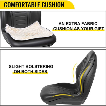 VEVOR Universal Lawn Tractor Seat Replacement - Compact High Back Mower, Black Vinyl Forklift, Central Drain Hole Skid Steer With Mounting Bolt Patterns of 8" x 11.5" & 11.25" x 11.5"