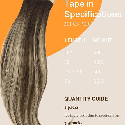 DOORES Tape Hair Extensions Human Hair Balayage Chocolate Brown to Honey Blonde 55cm 20pcs 50g Straight Remy Natural Hair Extensions Tape in Real Hair