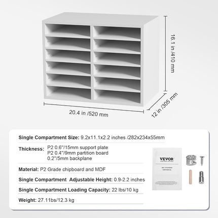 VEVOR Literature Organizers, 12 Compartments Office Mailbox with Adjustable Shelves, Wood Literature Sorter 51.8 x 30.5 x 40.9 cm for Office, Home, Classroom, Mailrooms Organization, White