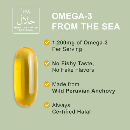Aceite de Pescado Halal, Vitaminas Halal, Aceite de Pescado Halal de Noor Vitamins, Aceite de Pescado Silvestre Peruano Ultra Omega 3 (800 mg EPA y 400 mg DHA) Apoyo para el Corazón, el Cerebro y las Articulaciones, Sin OGM y Sin Gluten (120 unidades)
