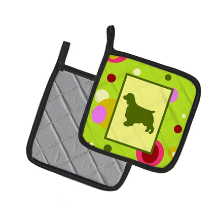 Caroline's Treasures Lime Green Dots Welch Springer Spaniel Pair of Pot Holders CK1064PTHD, Fabric, Multicolor