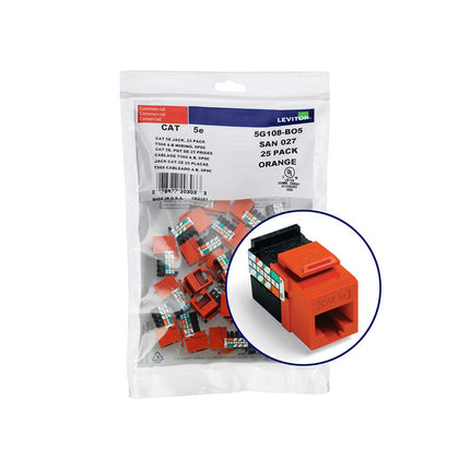 Leviton 5G108-BO5 GigaMax 5E QuickPort Connector, Cat 5E, Orange, 25-Pack