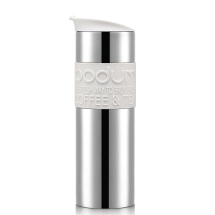 Bodum 15oz Double Wall Insulated Travel Mug with Lid, Stainless Steel w/White Silicone Sleeve