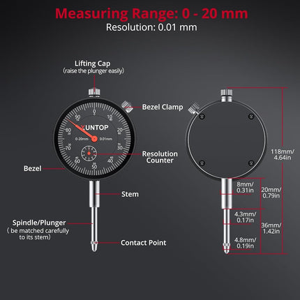 XUNTOP Dial Indicator 20mm/0.01mm with 176lbs/80kg Magnetic Base,Imperial Dial Test Gauge Set for Lathe,3D Printer,CNC,Car,Laboratory