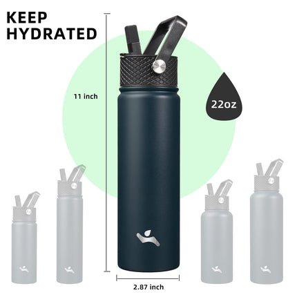 Konokyo Insulated Water Bottle with Straw,22oz 3 Lids Metal Bottles Stainless Steel Water Flask,Navy Blue
