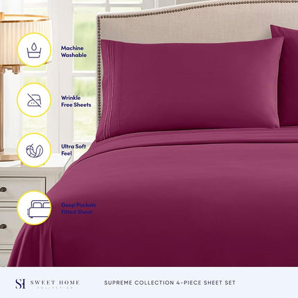 Sweet Home Collection Luxury Bedding Set with Flat, Fitted Sheet, 2 Pillow Cases, Microfiber, Berry, Queen