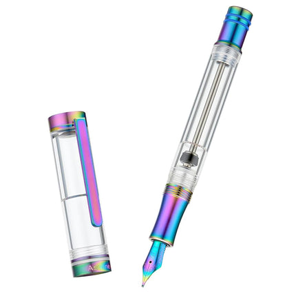 Asvine V200 Titanium Fountain Pen Vacuum Filling, Rainbow Bock Medium Nib Transparent Acrylic Smooth Writing Pen Case Set