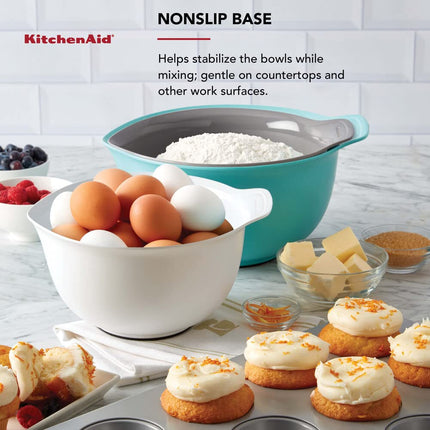 KitchenAid Universal Nesting Plastic Mixing Bowls, Set of 3, 2.5 Quart, 3.5 Quart, 4.5 Quart, Non Slip Base with Easy Pour Spout to Reduce Mess, Dishwasher Safe, Aqua Sky, White, Gray
