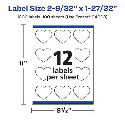Avery Glossy Clear Heart Labels with Sure Feed, 2-9/32" x 1-27/32", 1,200 Glossy Clear Labels, Print-to-The-Edge, Laser/Inkjet Printable Labels