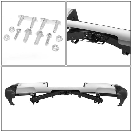 DNA MOTORING Rear Bumper Compatible with 15-19 Silverado Sierra 2500HD 3500HD w/Dual Rear Wheels Hitch Bar & Rear Parking Sensor Holes, Chrome/Black, STEPBUM-10062