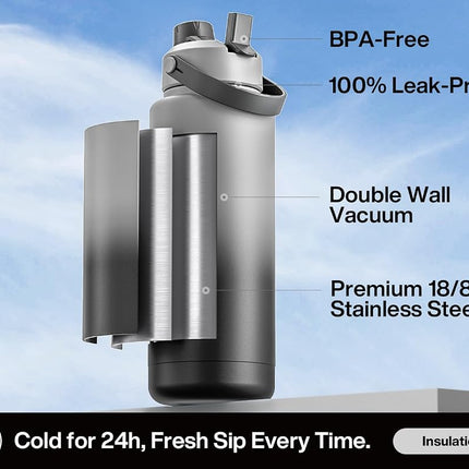 POWCAN 1183 ml Insulated Water Bottle, 2-in-1 Straw & Spout Lid, Leakproof, BPA-Free, Double Wall Stainless Steel, Keeps Cold 24H, for Sports, Gym & Travel (Obsidian)