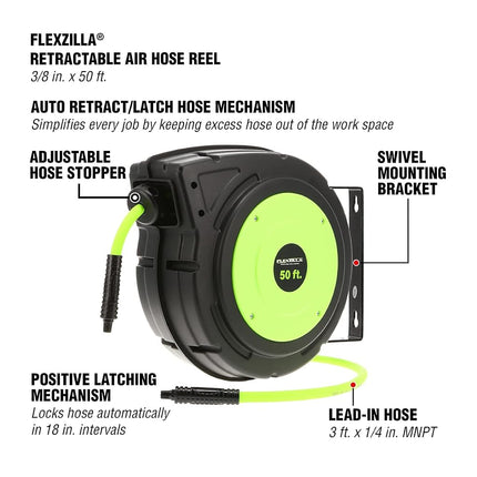 Carrete de manguera de aire de plástico retráctil Flexzilla, 3/8 pulg. x 50 pies, resistente, ligero, híbrido, ZillaGreen - L8250FZ
