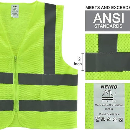 Neiko High Visibility Safety Vest ANSI Class 2, No Pocket, Neon Yellow, Large (L)