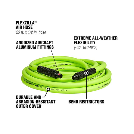 Manguera de aire Flexzilla HFZ1225YW3, conexiones MNPT, 1/2" (pulgadas) x 25' (pies) con extremos de 3/8"