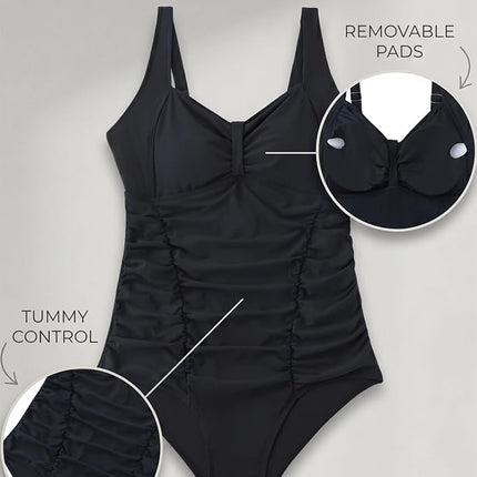 Daci Women Plus Size One Piece Swimsuits - Tummy Control Retro Ruched Bathing Suits Vintage Swimwear, Black, 16 Plus