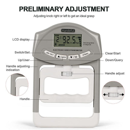 Handeful Grip Strength Tester - Dynamometer Handgrip Measurer Meter, Handheld Strengthener Exerciser for Sports, School, and Home Use (90KG Grey Dynamometer Only)