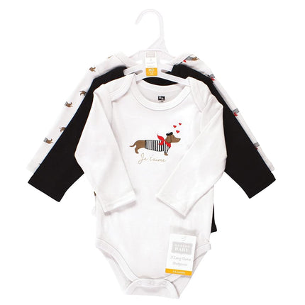 Hudson Baby unisex-baby Cotton Long-sleeve Bodysuits, Bonjour Dachshund, 6-9 Months