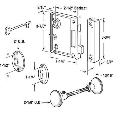Prime-Line E 2437 Vertical Trim Vintage Lock Set – Cast Steel Construction, Brass Plated Knobs, Antique Skeleton Key Locking System – 2-1/2” Backset, Surface Mounted on Right-Hand Swing-In Interior Doors