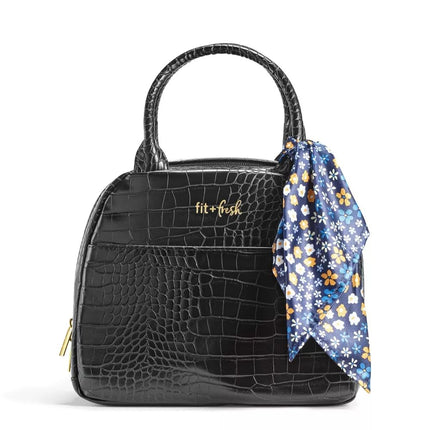 Sac à déjeuner moderne Fit & Fresh Lyon avec couverts de voyage pour femme, sac à déjeuner isotherme pour femme pour le travail, grande boîte à déjeuner étanche et résistante aux taches pour femme, simili cuir crocodile, noir