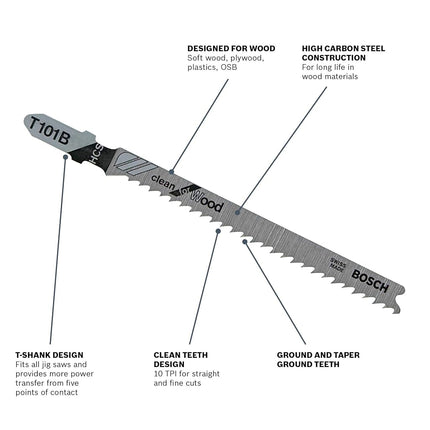 Bosch T101B3 3-Piece 4 In. 10V TPI Clean Wood Cutting T-Shank Jig Saw Blades