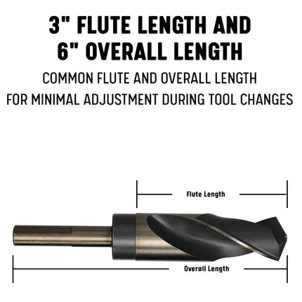 Broca Drill America de contratista de acero de alta velocidad con vástago reducido de 1-13/32" negro y dorado con vástago de 1/2" de 3 caras, serie KFD3F
