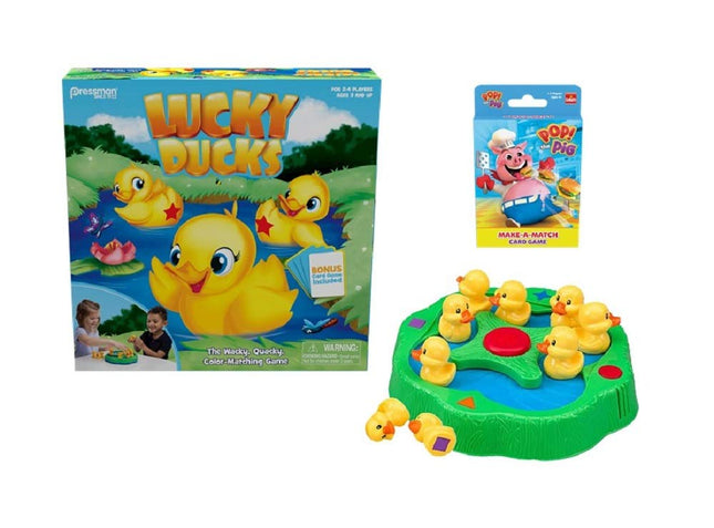 Pressman Lucky Ducks - The Memory and Matching Game That Moves - Includes A Fun Pop The Pig Make-A-Match Card Game-Multicolor