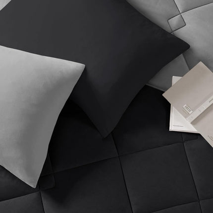Comfort Spaces Vixie Comforter Set-Modern Geometric Quaterfoil Cloud Quilted Design All Season Down Alternative Bedding, Matching Shams, Twin/Twin XL(66"x90"), Microfiler Reversible Black/Grey