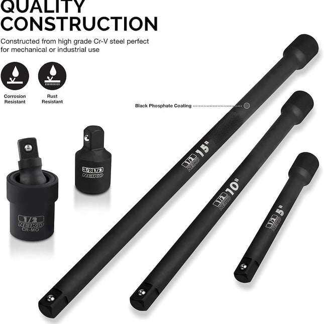 Neiko 00256A 1/2-Inch Drive Impact Extension Bar and Adapter Set, 5-Piece | Includes 5, 10, 15-Inch Extension Bars, Universal Joint, and Reducer