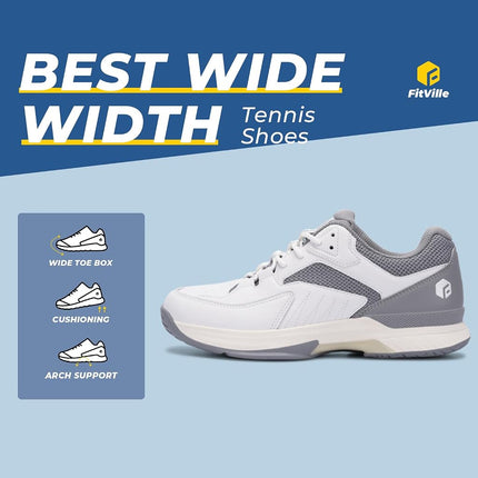 FitVille Men's Wide Tennis Shoes Comfortable Pickleball Shoes with Arch Support for Plantar Fasciitis Wide Feet