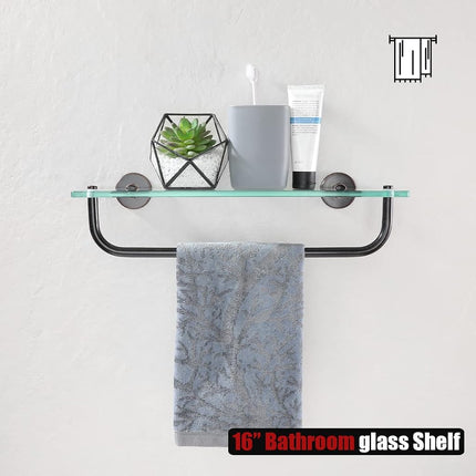 JQK TGS100-ORB Bronze Tempered Glass Bathroom Shelf, Shelf with 15" Towel Bar, 16" x 5" Tempered Glass Shower Storage, Steel Wall Bracket
