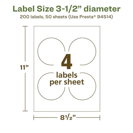 Étiquettes rondes Avery écologiques blanc mat recyclées, 8,9 cm de diamètre, imprimables jusqu'au bord, étiquettes blanc mat, adhésif permanent, imprimables laser/jet d'encre, 200 au total