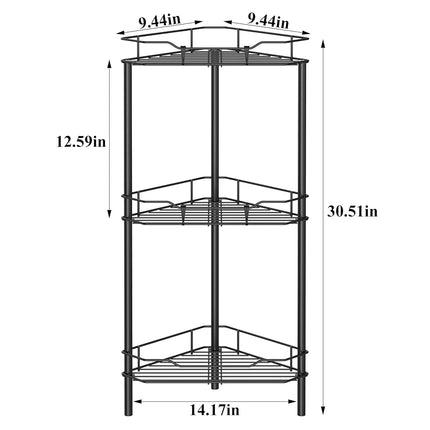 HuggieGems 3 Tier Floor Standing Corner Shower Caddy Organizer Shelf with Hooks, Bathroom Shelves Stand Rack, Black