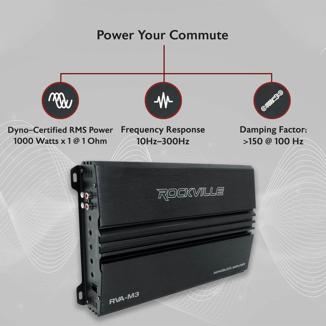 Amplificador de Coche Mono Rockville RVA-M3 V2, 4000W, 1000W RMS con Certificación Dyno a 1 Ohm, Clase D, MOSFET, Control de Bajos Remoto, Perfecto para Subwoofers y Audio de Coche