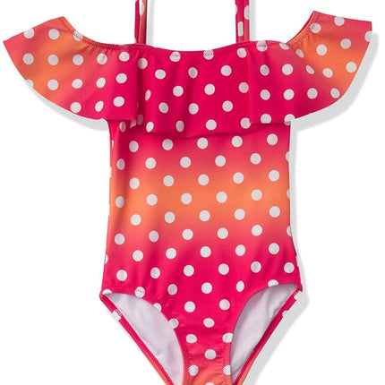 Kanu Surf Girls' Peggy UPF 50+ Beach Sport Off Shoulder One Piece Swimsuit, Dots Coral, 10