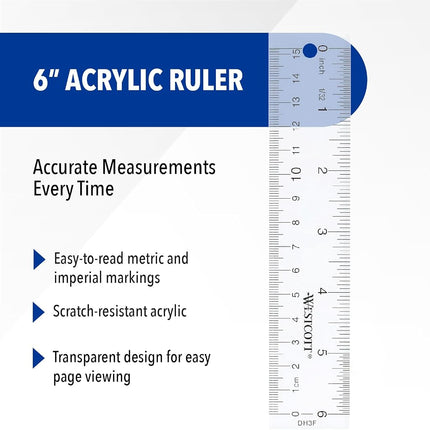 Westcott 10561 Acrylic Clear Ruler, 6 in