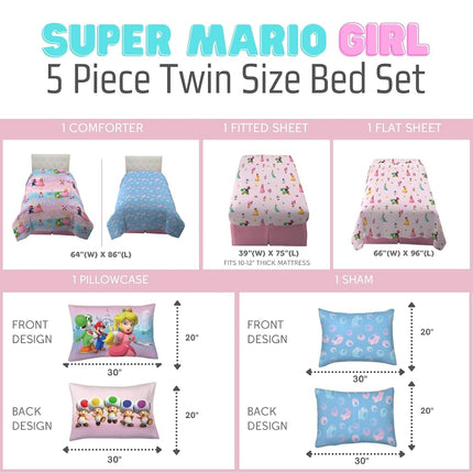Franco Comforter and Sheet Set with Sham, Microfiber, Super Mario Girl, 5 Piece Twin Size