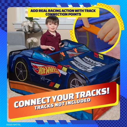 Hot Wheels� Pop Up Play Tent, Playhouse for Boys, Race Car Tent with Connections for Hot Wheels Tracks, Indoor Playspace with Roll-Up Door & Roof Opening, Easy Setup, Folds Flat for Storage