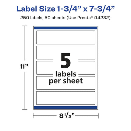 Avery Glossy White Rectangle Labels with Sure Feed, 1.75" x 7.75", 250 Glossy White Labels, Print-to-The-Edge, Permanent Label Adhesive, Laser/Inkjet Printable Labels