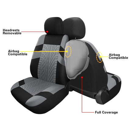VarCozy Car Seat Covers Full Set, Front Seat Covers And Split Rear Bench Seat Covers For Car, Universal Cloth Seat Covers for SUV, Sedan, Van, Automotive Interior Covers, Airbag Compatible, Black&Grey